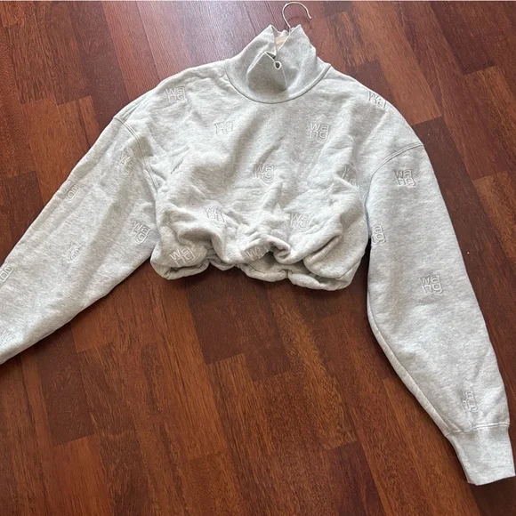 Alexander Wang All Over Logo Embroidery Monogram Turtleneck Sweatshirt Crop Top - Picture 7 of 17